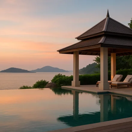 Detox Retreat Thailand overlooking a serene tropical ocean with a peaceful sunrise pavilion
