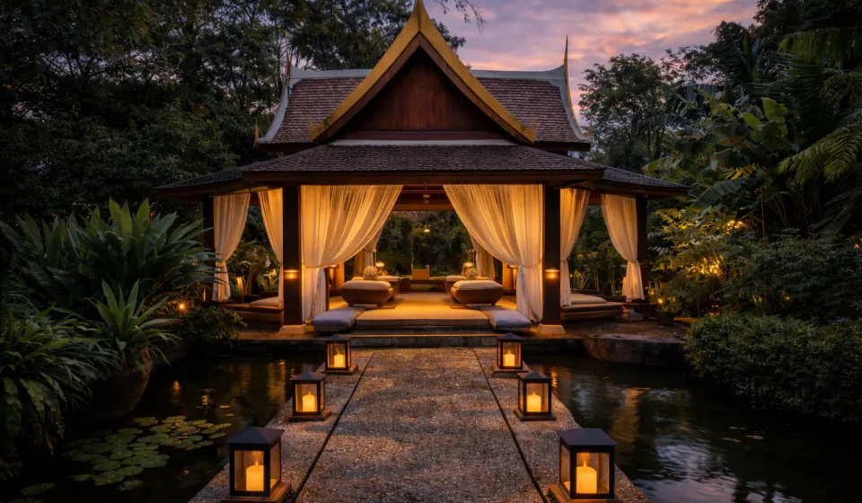 Traditional Thai spa pavilion at dusk surrounded by tropical greenery, representing a calm best spa Thailand experience