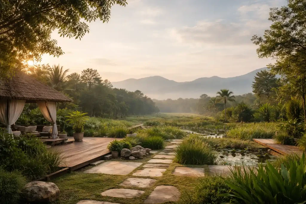Breathwork retreat Thailand arrival scene in a calm natural environment