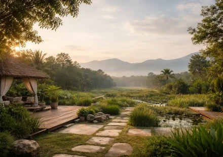 Breathwork retreat Thailand arrival scene in a calm natural environment