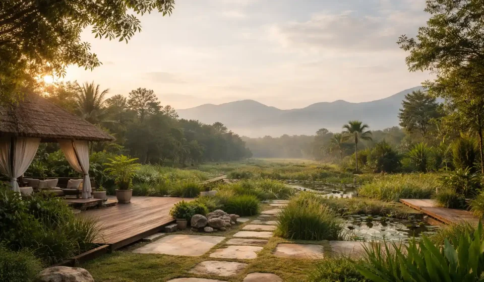 Breathwork retreat Thailand arrival scene in a calm natural environment