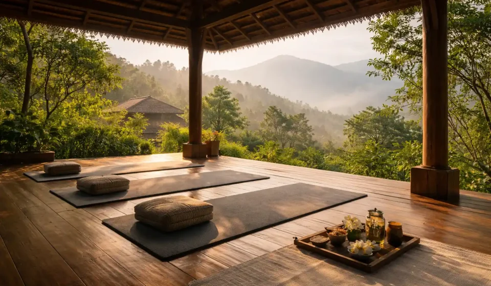 Gentle detox retreat pavilion in Chiang Mai at sunrise, with empty yoga mats, soft morning light, and misty mountain surroundings