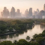 Calm early morning cityscape introducing a wellness hotel Bangkok experience focused on rest and urban calm.