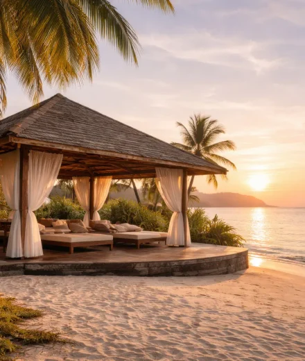 Open-air beachside wellness spa Phuket at sunset, calm ocean horizon, palm trees, and a peaceful island-led wellness atmosphere