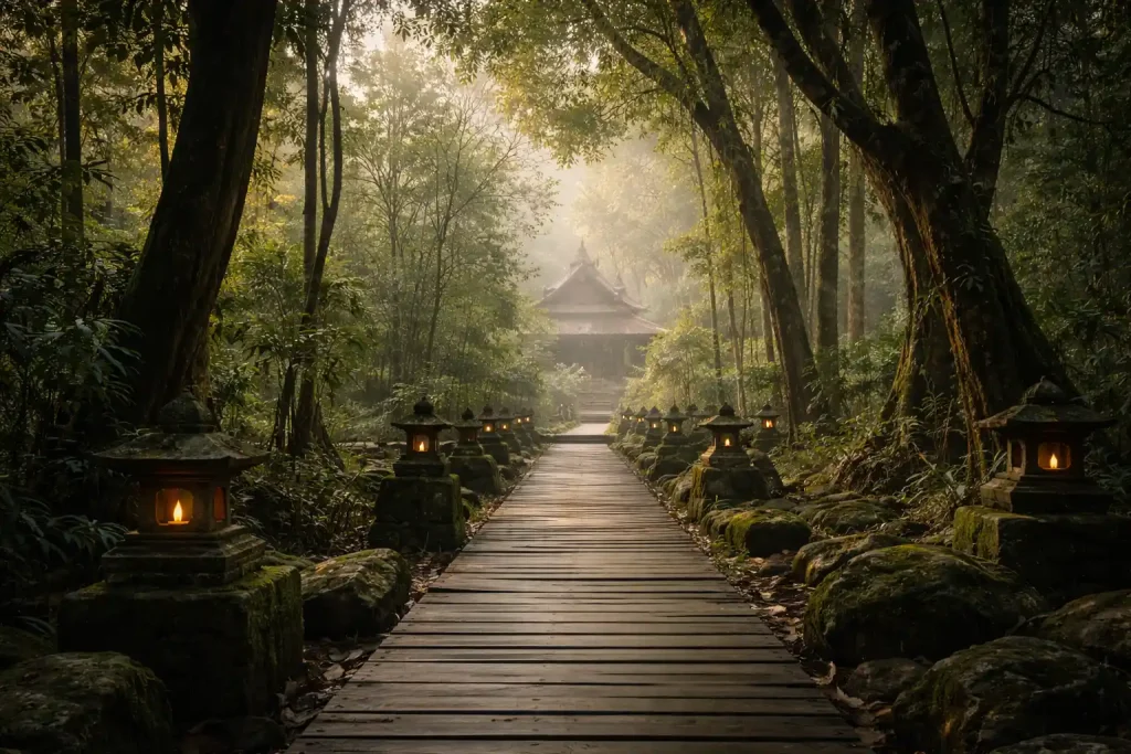 Forest monastery silent retreat in Thailand surrounded by trees