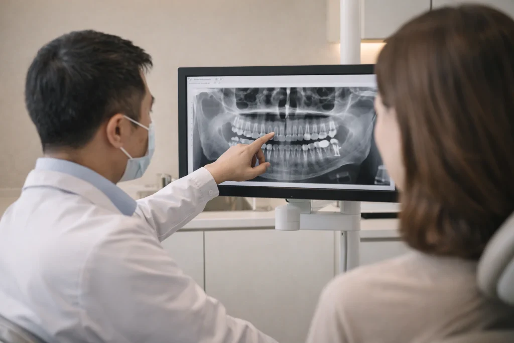 Dentist in Thailand reviewing dental imaging with a patient during consultation related to Dental Implants Thailand Cost.