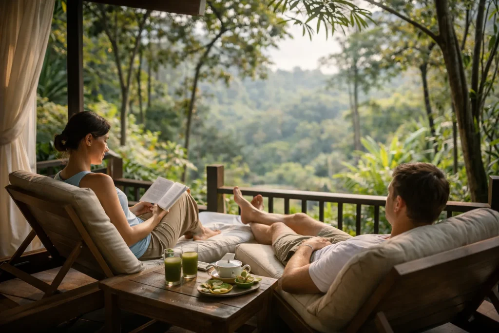 Relaxed travelers enjoying a natural detox retreat in Koh Samui