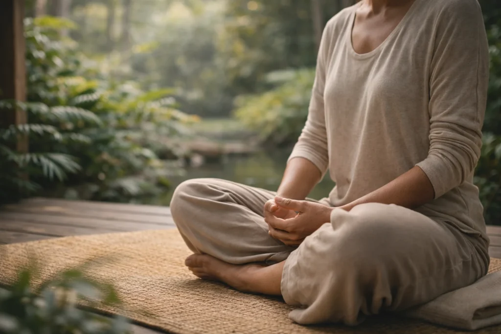 Gentle meditation practice at a healing retreat in Thailand