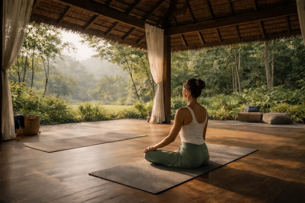 Gentle yoga practice at a holistic retreat in Thailand in an open-air space