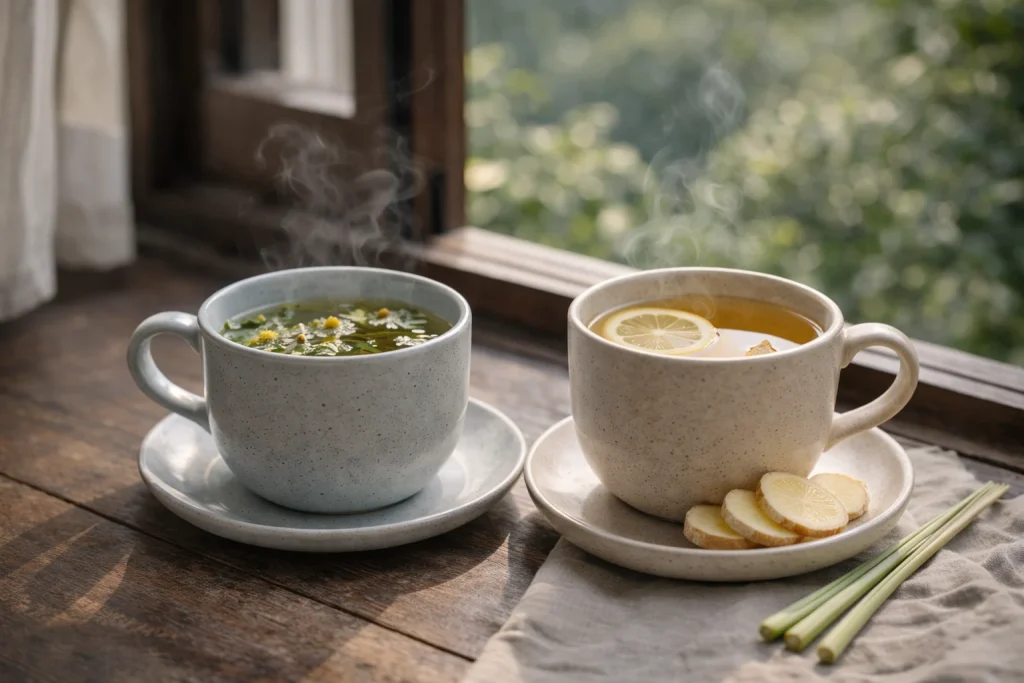 Herbal tea and hydration as part of a gentle detox diet in Thailand
