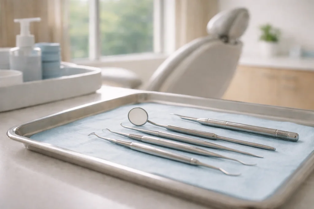 Sterilized dental instruments in a Thailand clinic highlighting safety and international care standards.