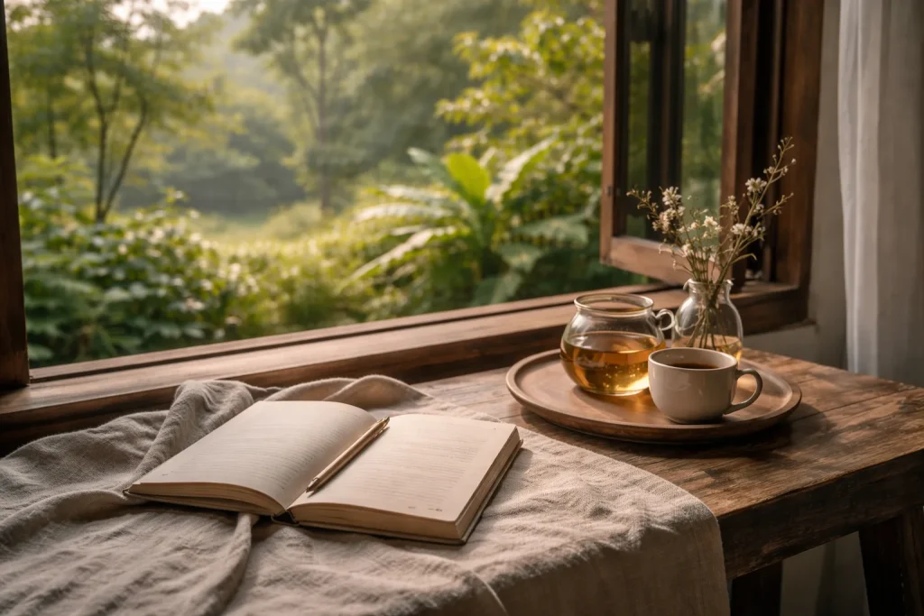 Journal and herbal tea by a window for quiet reflection at a Thailand holistic retreat