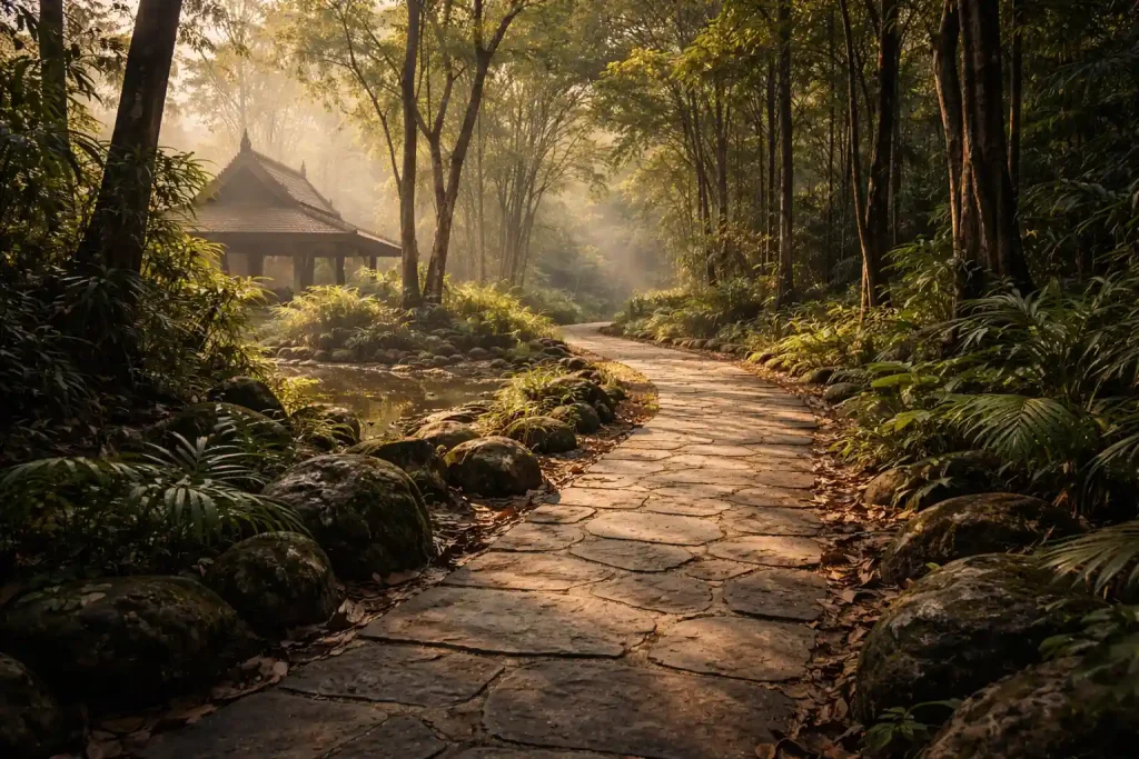 Walking meditation path during a silent retreat in Thailand