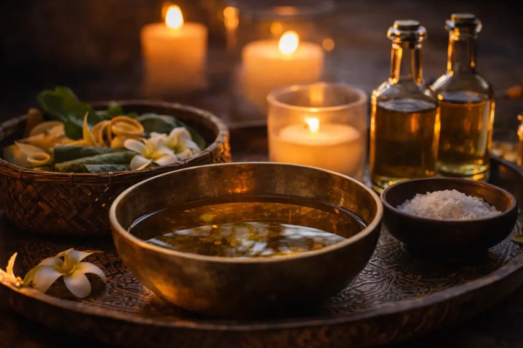 Traditional Thai oil therapy setup with warm candles and herbal ingredients, reflecting a best spa Thailand experience