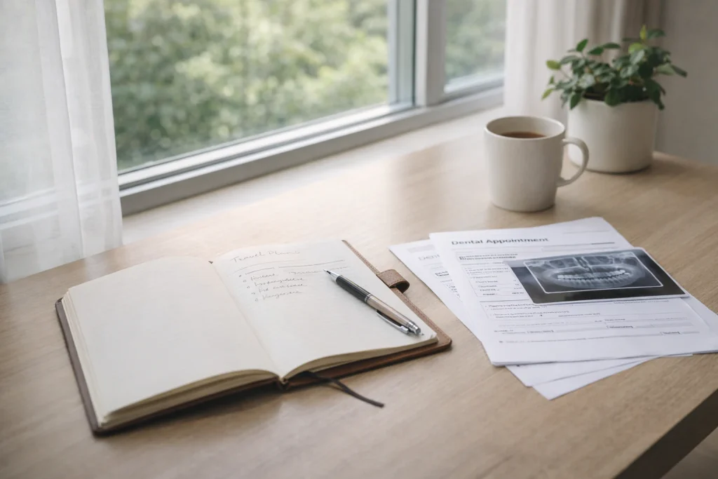 Calm planning desk in Thailand reflecting thoughtful consideration of Dental Implants Thailand Cost.