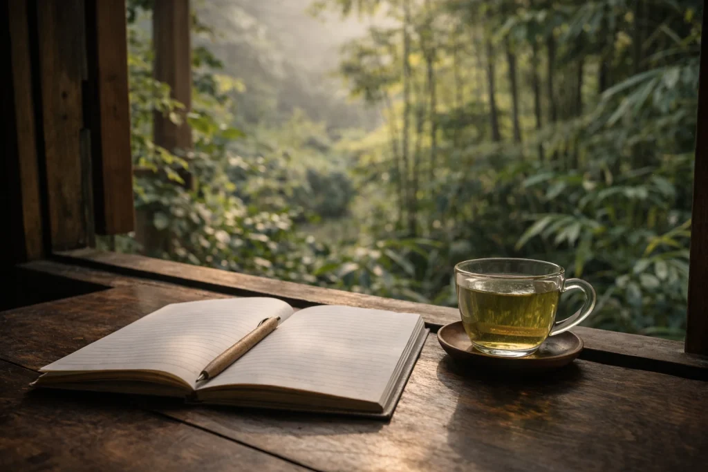 Quiet reflection and journaling during a silent retreat in Thailand