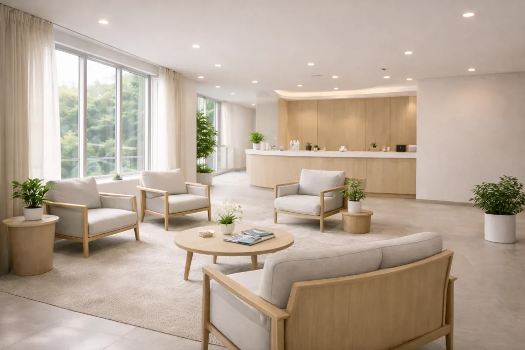 A calm dental clinic waiting area in Thailand offering reassurance and a gentle sense of closure for international patients.