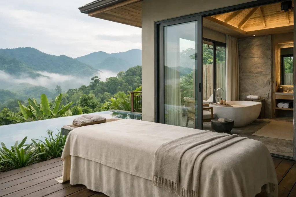Calm open-air detox retreat space in Chiang Mai with natural textures, soft daylight, and mountain views
