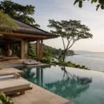 Luxury wellness resorts Thailand arrival scene with calm tropical architecture and peaceful greenery