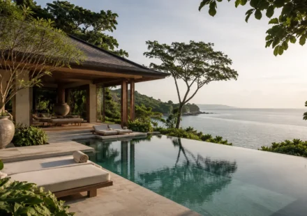 Luxury wellness resorts Thailand arrival scene with calm tropical architecture and peaceful greenery