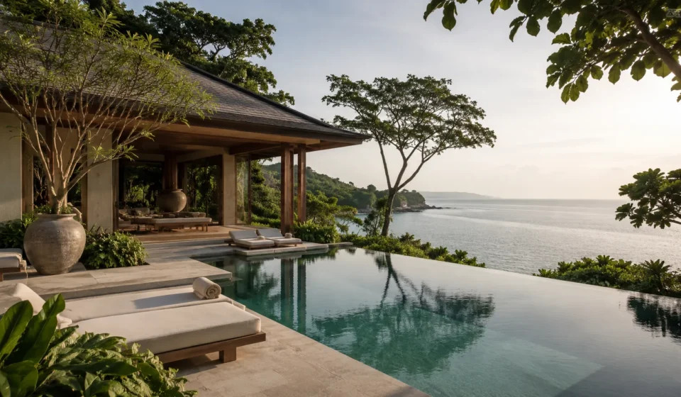Luxury wellness resorts Thailand arrival scene with calm tropical architecture and peaceful greenery