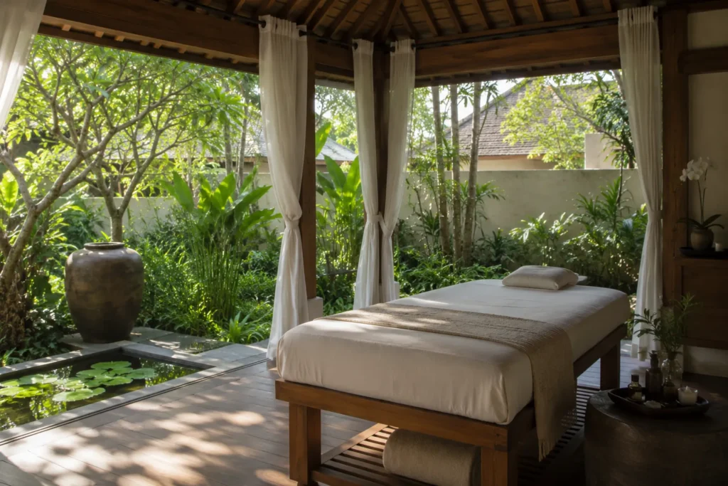 Luxury wellness resorts Thailand spa pavilion with soft linens and tropical garden stillness