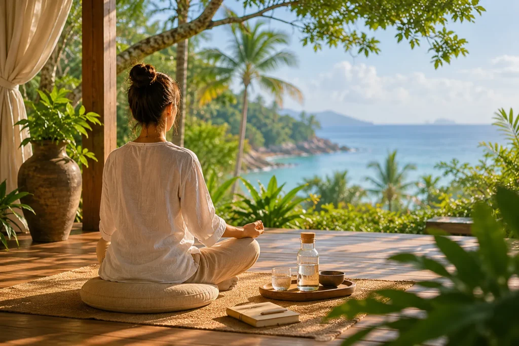 Luxury wellness resorts Thailand mindful meditation moment at a tropical retreat