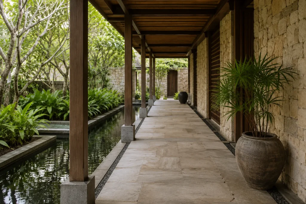 Luxury wellness resorts Thailand architecture with natural stone wood water and tropical calm