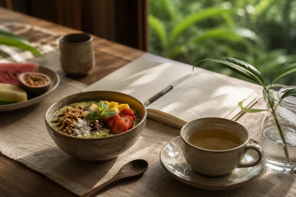 Luxury wellness resorts Thailand wellness breakfast with herbal tea journal and quiet reflection
