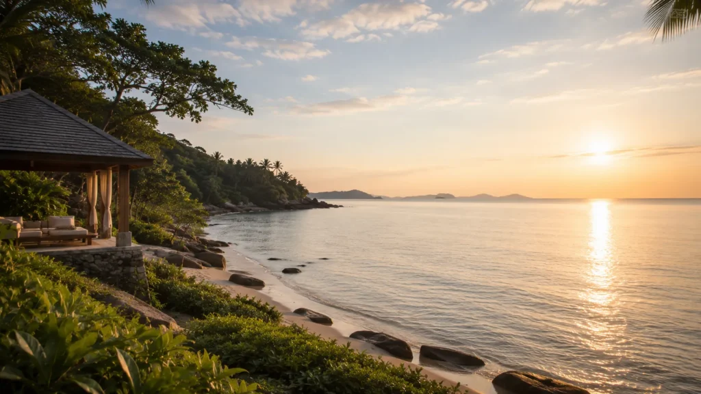 Luxury wellness resorts Thailand restorative ocean horizon with calm late afternoon light
