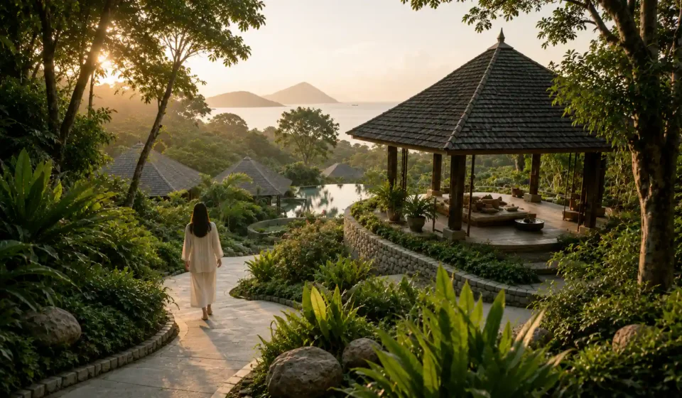 Burnout recovery retreat wellness resort in Thailand surrounded by calm tropical nature