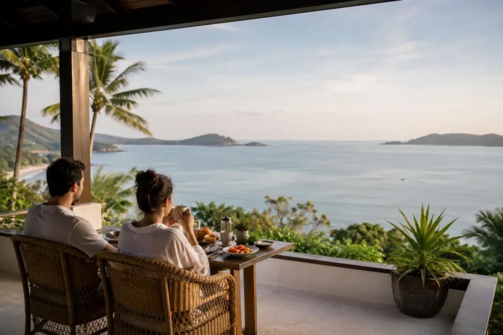 Quiet morning at wellness resorts for couples Thailand with oceanfront breakfast terrace