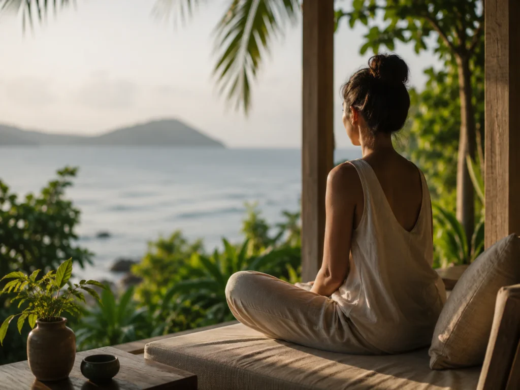 Wellness traveler experiencing emotional healing at a burnout recovery retreat in Thailand