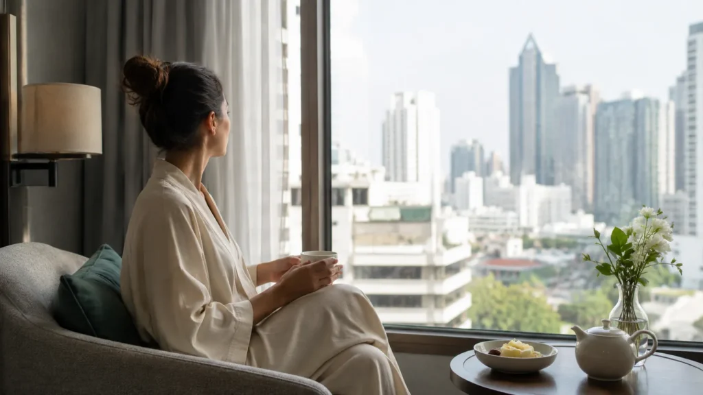 International traveler resting during flying after dental treatment Thailand recovery period