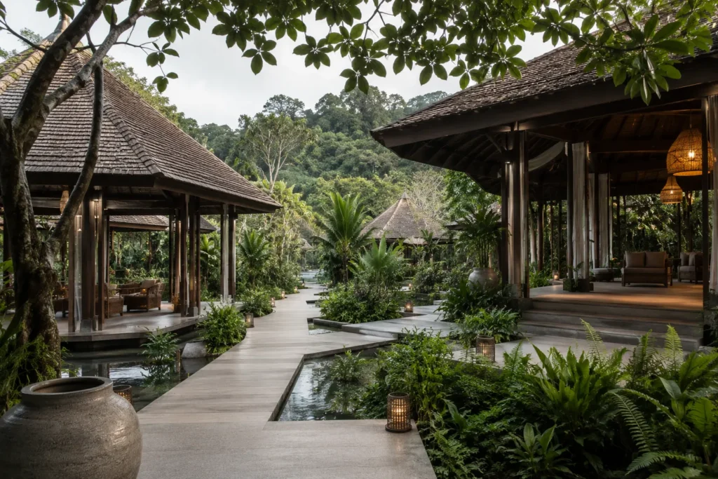 luxury wellness resort thailand architecture surrounded by tropical nature