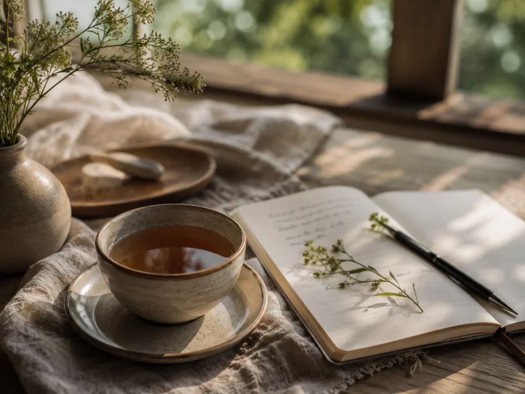 Herbal tea and wellness journal during a burnout recovery retreat in Thailand