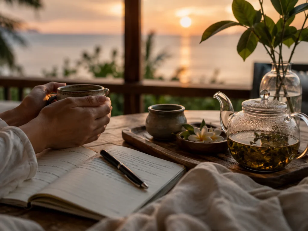 Reflective wellness honeymoon Thailand atmosphere with calm luxury wellness details