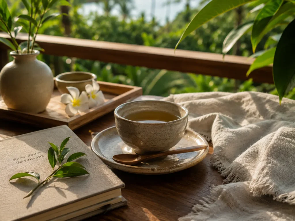 Luxury spa Koh Samui wellness reflection moment with tea and journal