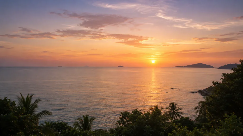 Peaceful ocean horizon representing wellness resorts for couples Thailand at sunset