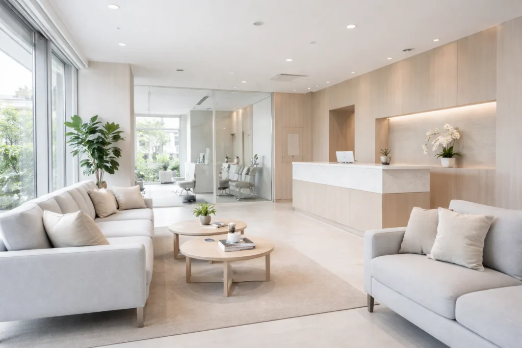 Calm waiting area inside one of the best dental clinics in Bangkok designed for international patient comfort.