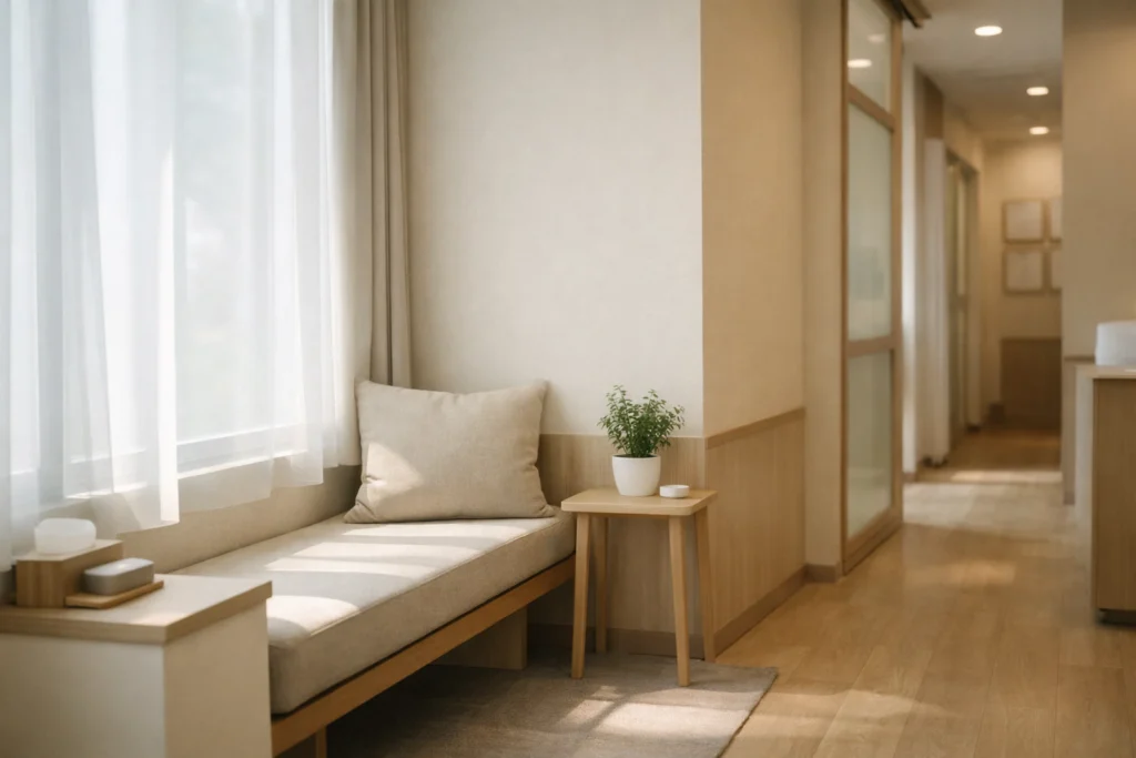 Calm waiting area inside a Foreign Dentist in Thailand clinic with soft natural daylight, minimalist wellness-inspired interior, and a peaceful atmosphere for international patients (2026).