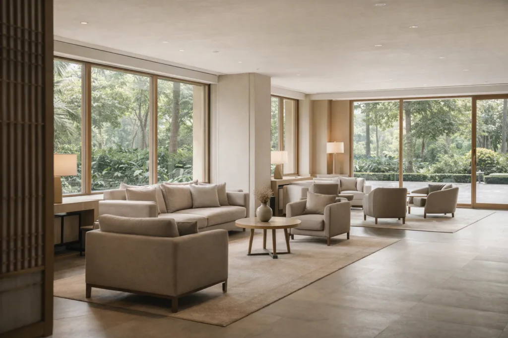 Quiet hotel lounge representing a wellness hotel Bangkok environment designed for rest and calm.