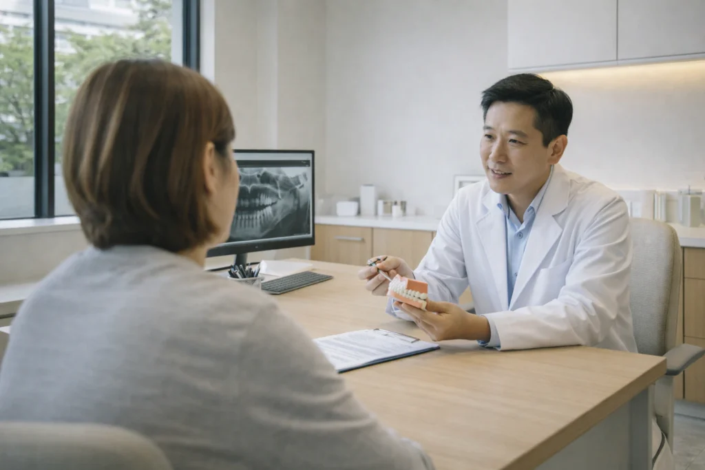 Foreign Dentist in Thailand consultation with an international patient discussing treatment options in a calm modern dental clinic in Bangkok (2026).