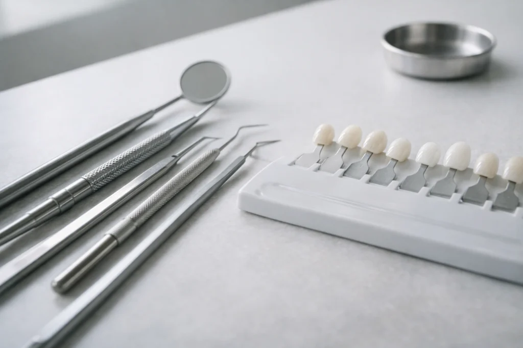 Porcelain dental veneers and precision tools prepared for cosmetic dentistry procedures in Thailand.