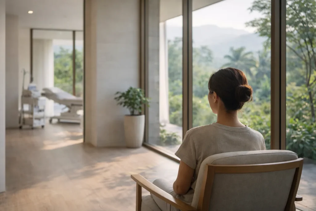 Wellness traveler reflecting inside regenerative medicine Thailand clinic environment