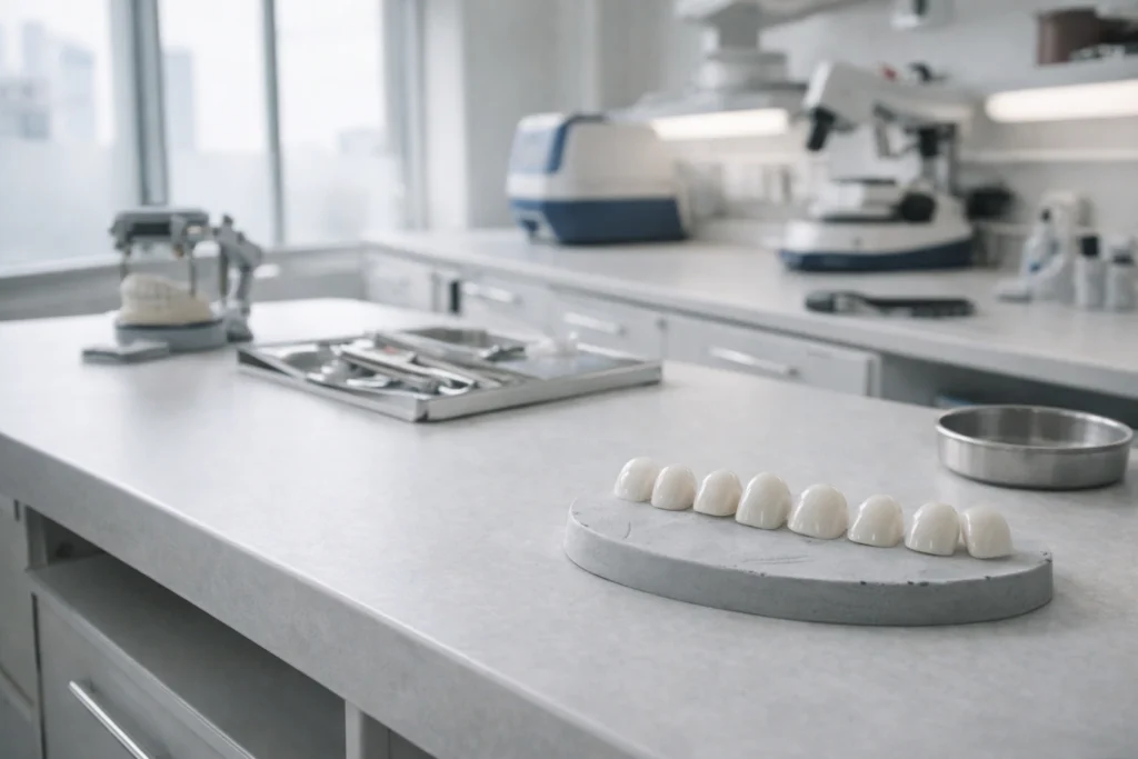 Porcelain veneers being prepared in a certified dental laboratory supporting cosmetic dentistry in Thailand.