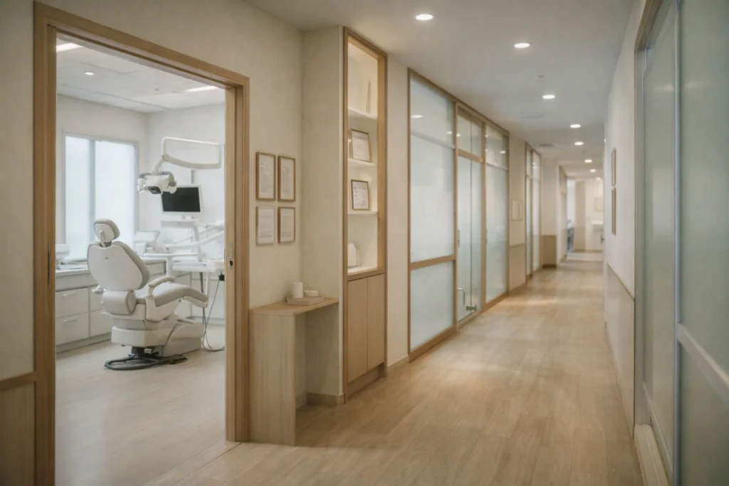 Modern Foreign Dentist in Thailand clinic corridor with advanced treatment rooms, clean architectural design, and professional safety-focused dental environment for international patients (2026).