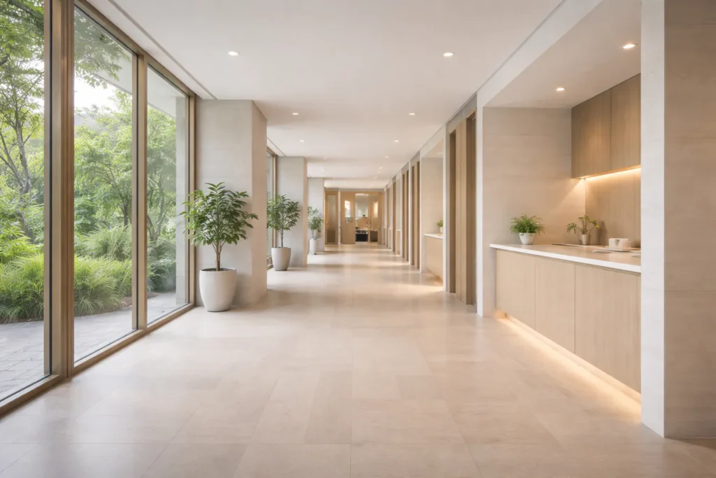 Calm medical architecture representing safety and structure in regenerative medicine Thailand