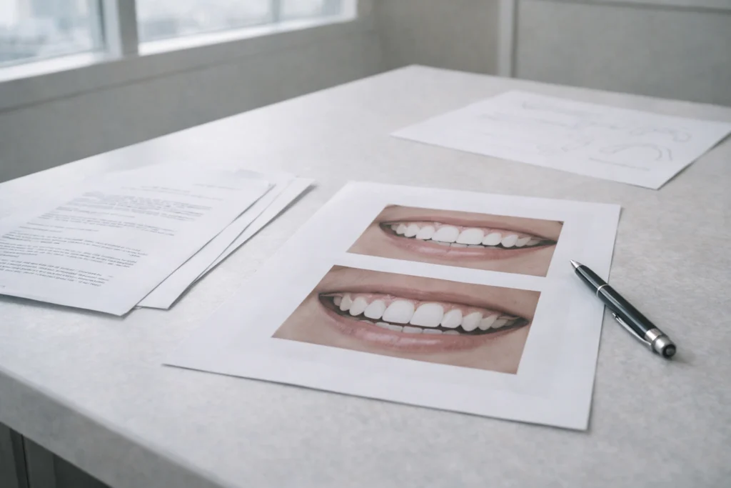 Reviewing dental veneer suitability and treatment plans in a calm, reflective setting.
