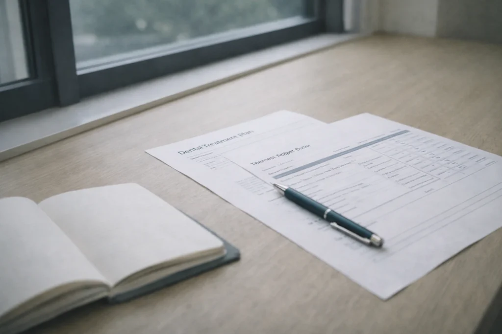 Foreign Dentist in Thailand treatment planning documents and consultation notes prepared for international patients in a calm modern dental clinic setting (2026).